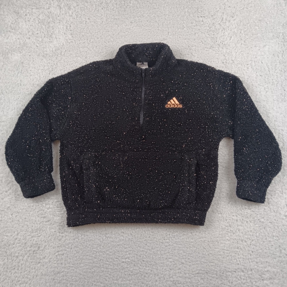 Adidas Pullover Sherpa Fleece Girls M 10/12 Black Metallic Sparkle Quarter Zip